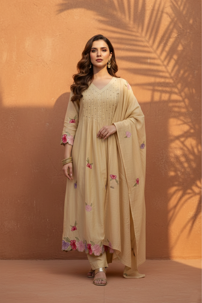 NOOR Beige Mul Chanderi Embroidered Anarkali  Suit Set Outfit