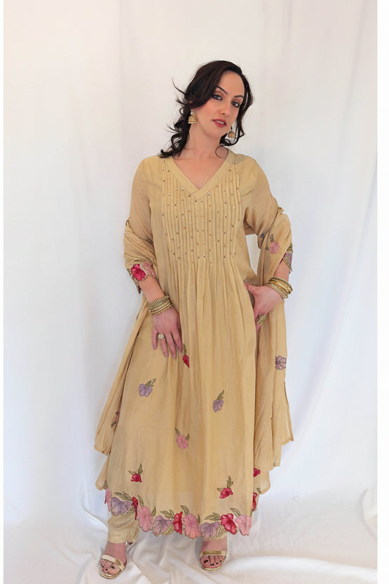 NOOR Beige Mul Chanderi Embroidered Anarkali  Suit Set Outfit Pose