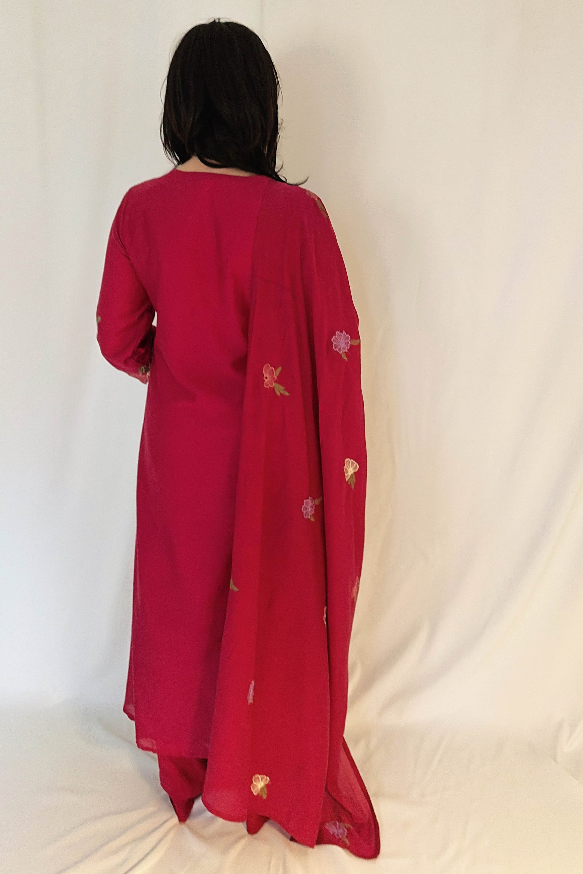NOOR Fuchsia Mul Chanderi Embroidered Anarkali Suit Back