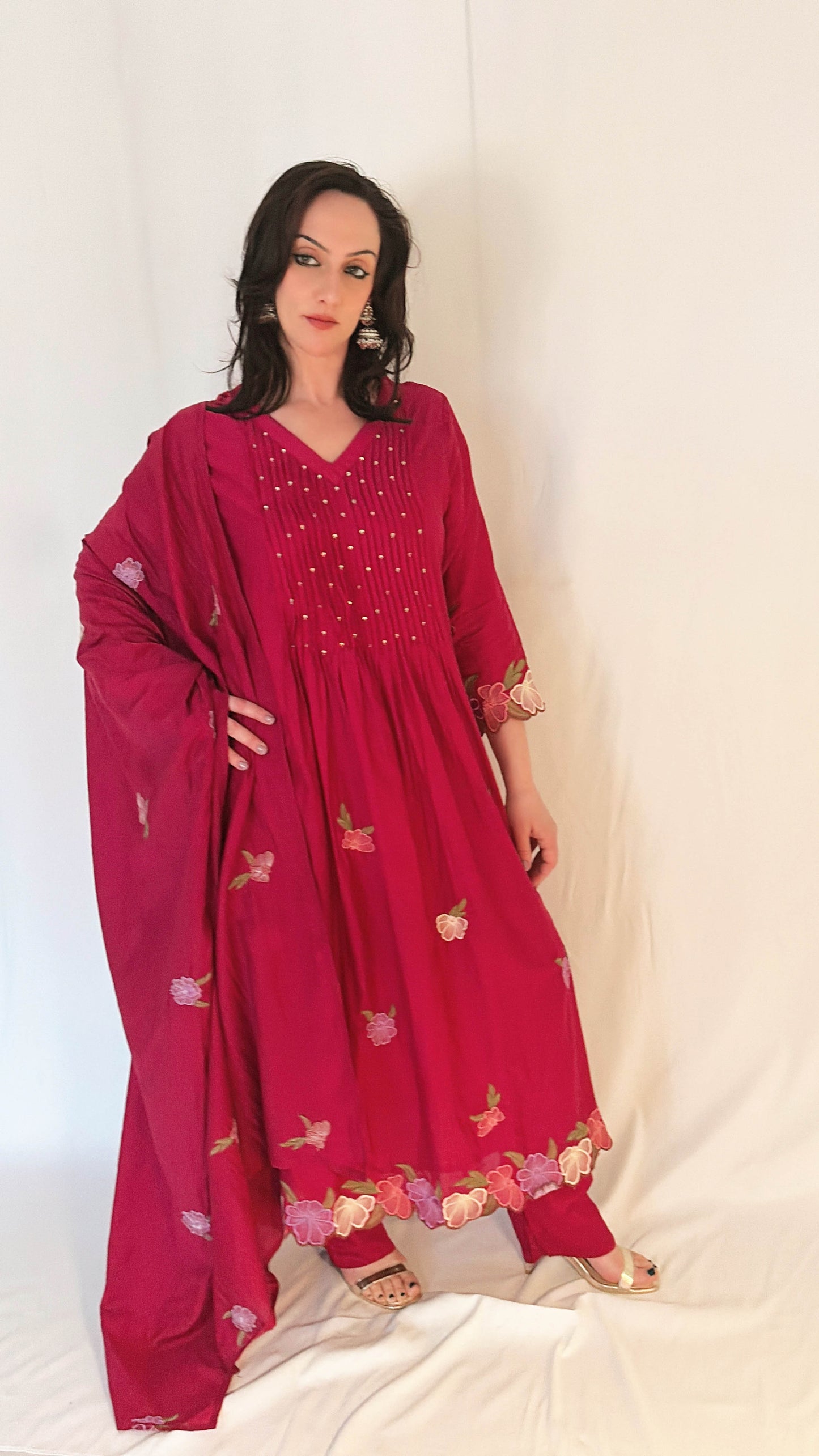 NOOR Fuchsia Mul Chanderi Embroidered Anarkali Suit Ethnic Wear