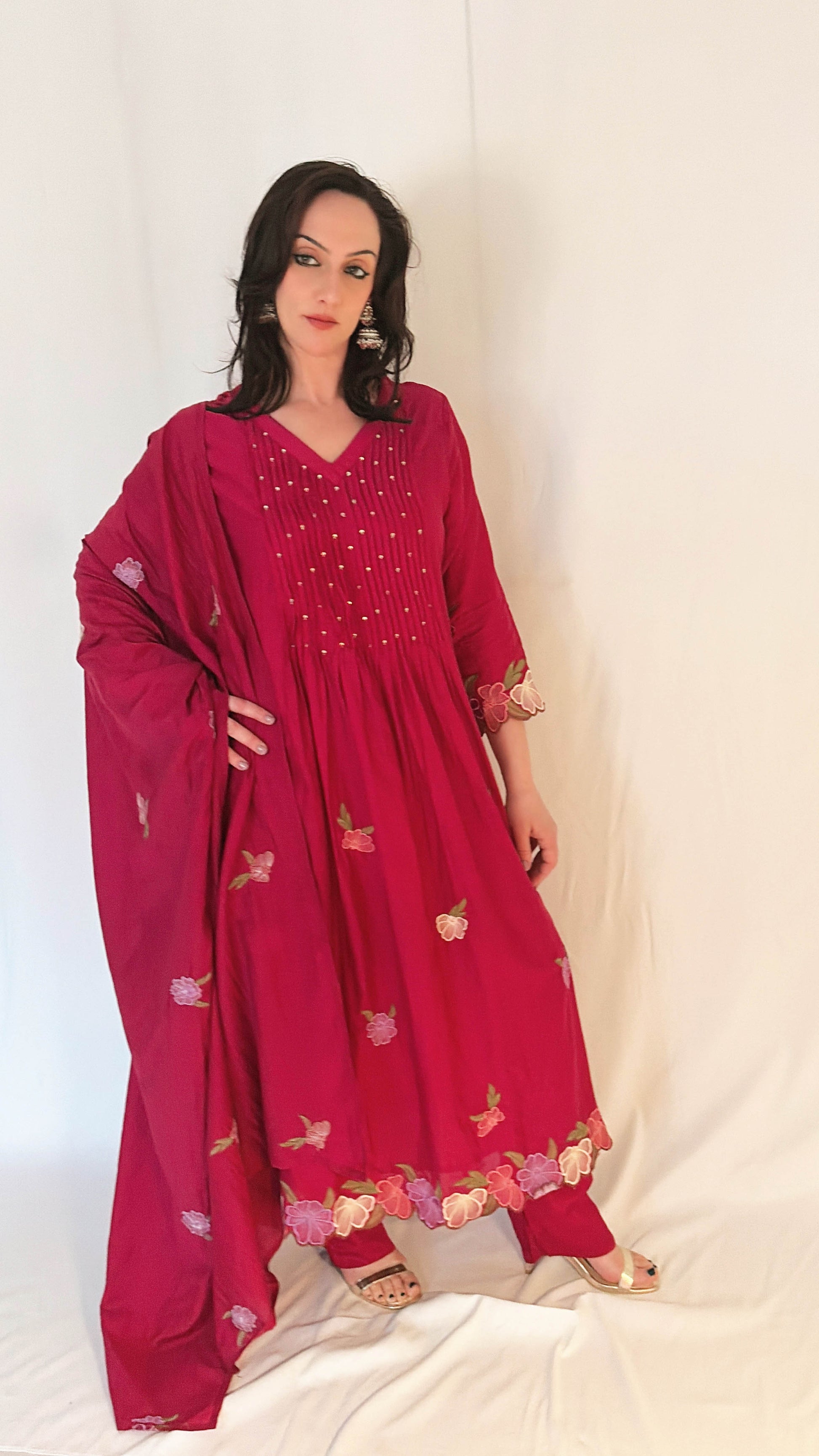 NOOR Fuchsia Mul Chanderi Embroidered Anarkali Suit Ethnic Wear