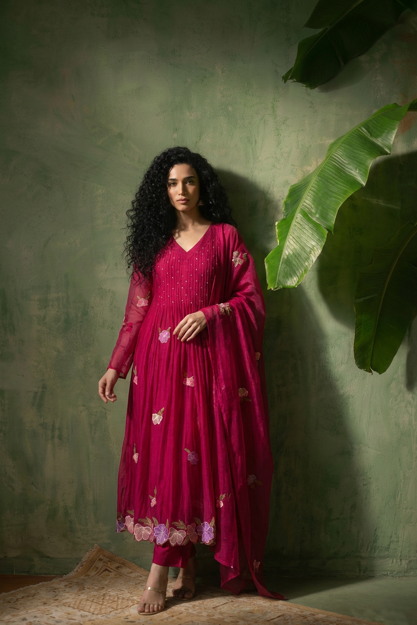 NOOR Fuchsia Mul Chanderi Embroidered Anarkali Suit Set