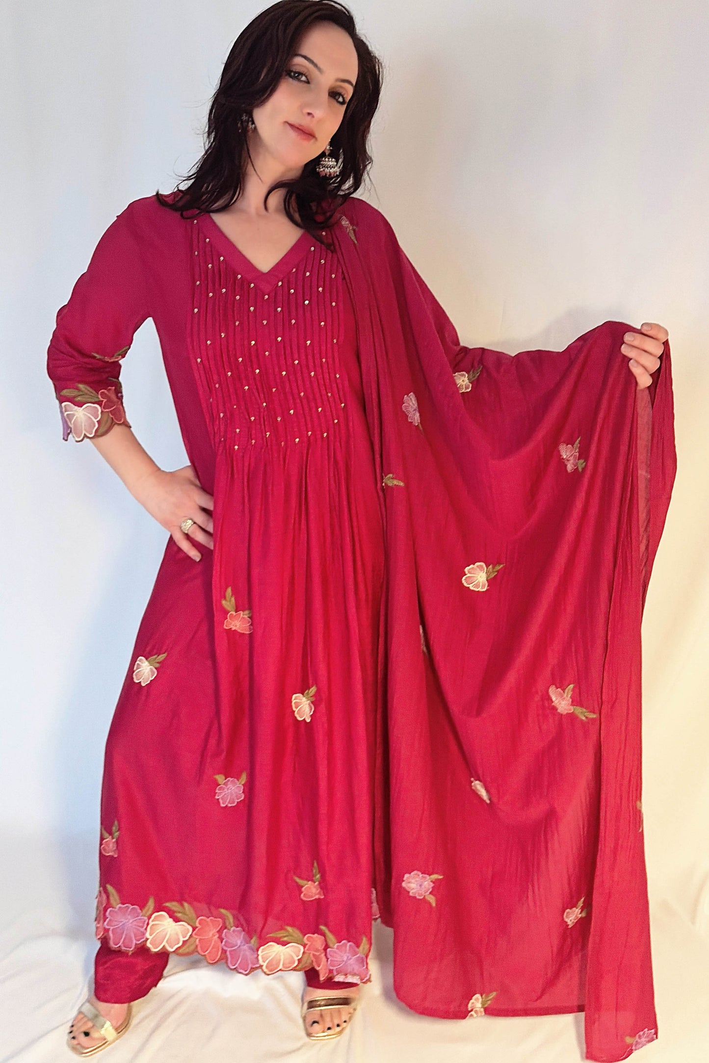 NOOR Fuchsia Mul Chanderi Embroidered Anarkali Suit Set Closer Picture