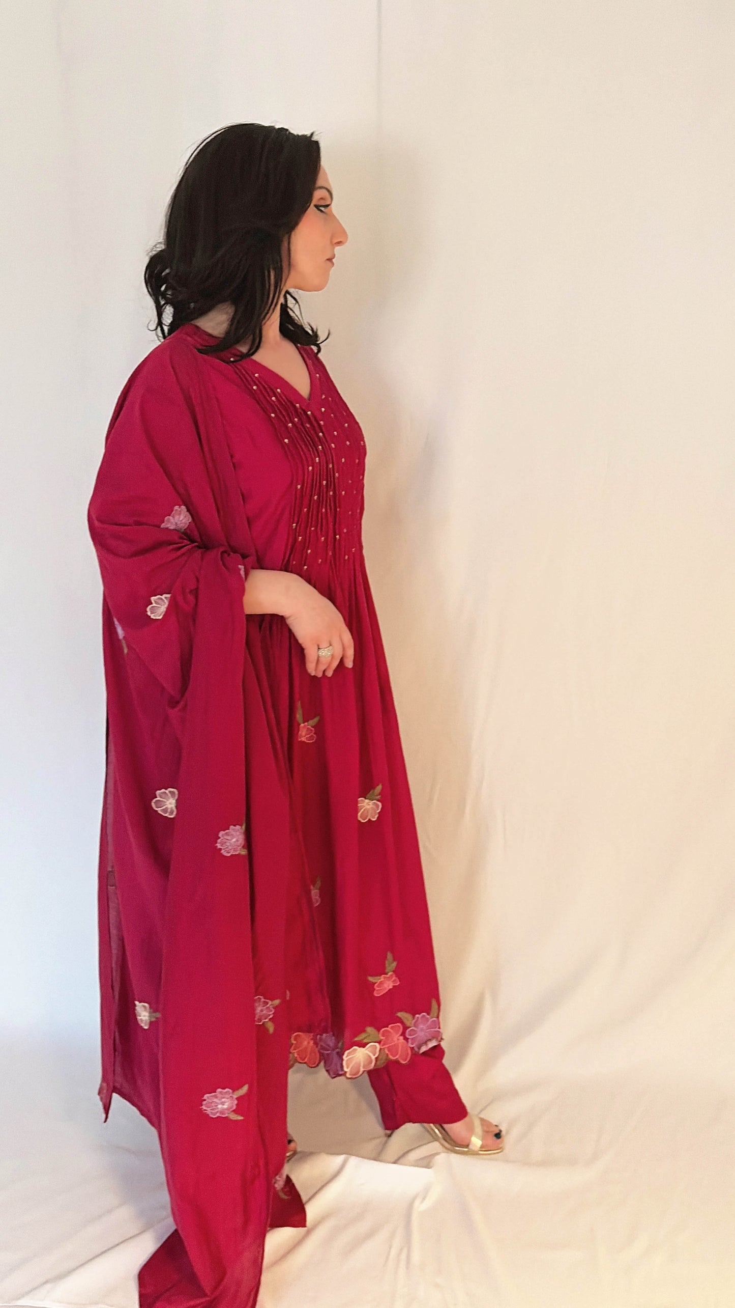 NOOR Fuchsia Mul Chanderi Embroidered Anarkali Suit Set Side