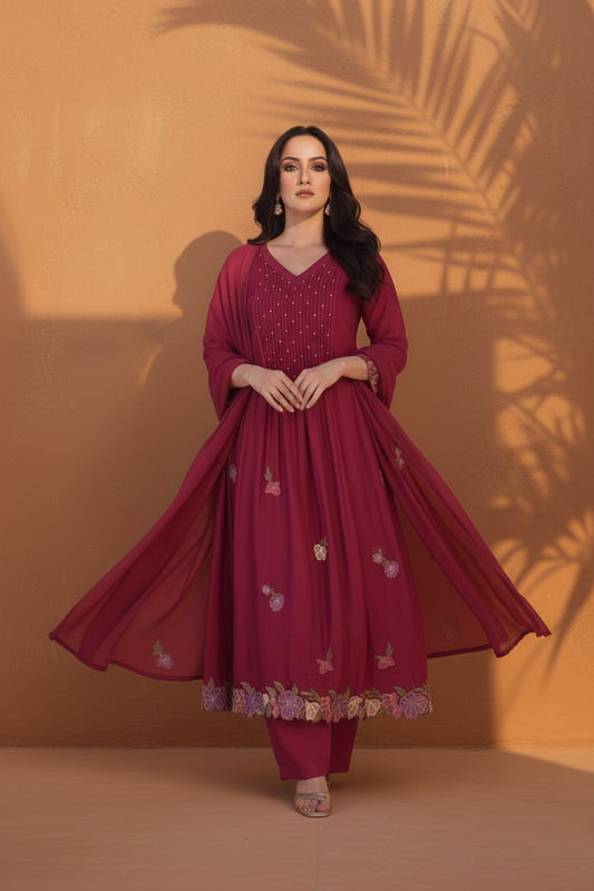 NOOR Fuchsia Mul Chanderi Embroidered Anarkali Suit Set Whole Outfit Picture