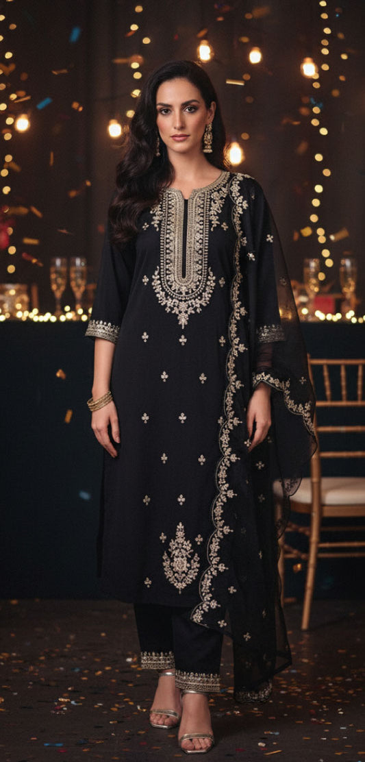 RHEA – Black Pearl & Zari Embroidered Silk Blend Suit Set