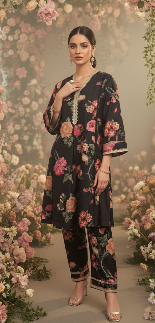 RENEE – Black Floral Printed Cotton Silk Kurta & Palazzo Set