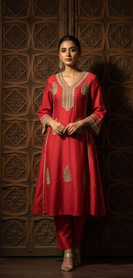 MEHER – Red Embroidered Silk Anarkali Suit Set