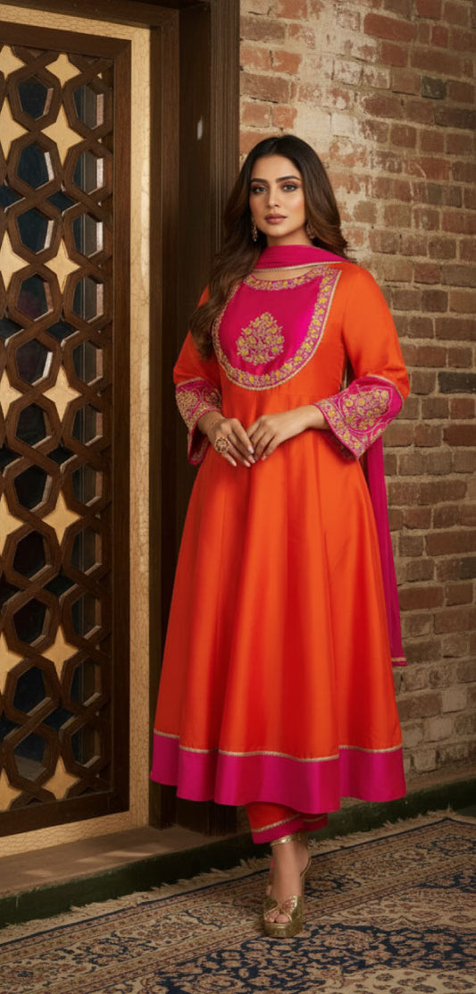 RADIANT AURA – Orange & Pink Embroidered Anarkali Kurta Set