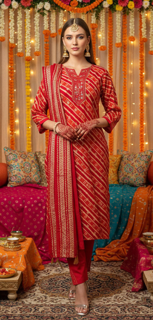 AANYA – Leheriya Print Kurta Set with Gold Motifs