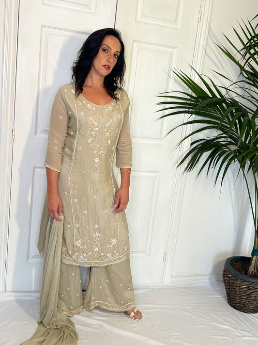 Prisha Golden Beige Silk Blend Hand embellished  Kurta Palazzo Set