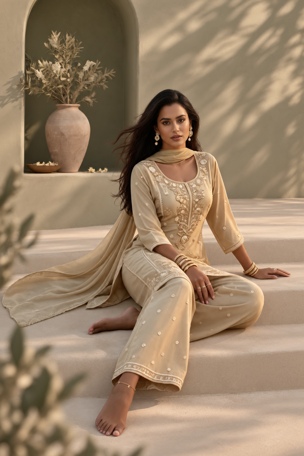 Prisha Golden Beige Silk Blend Hand embellished  Kurta Palazzo Set