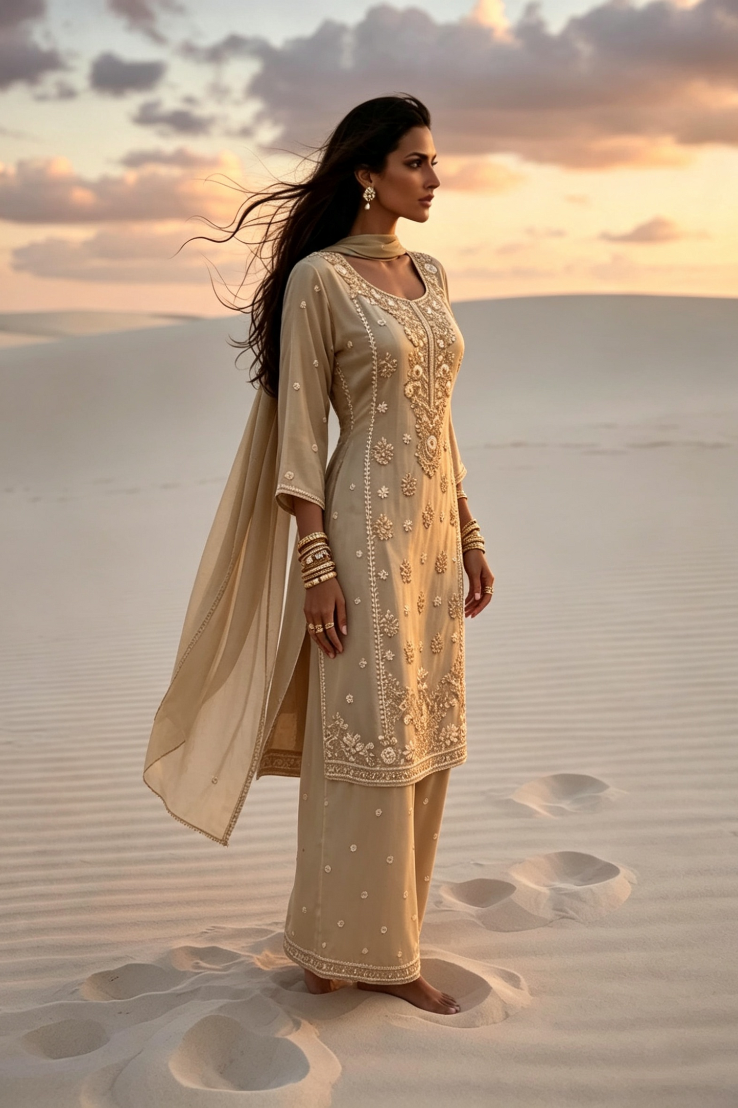 Prisha Golden Beige Silk Blend Hand embellished  Kurta Palazzo Set  Standing 3 AI 