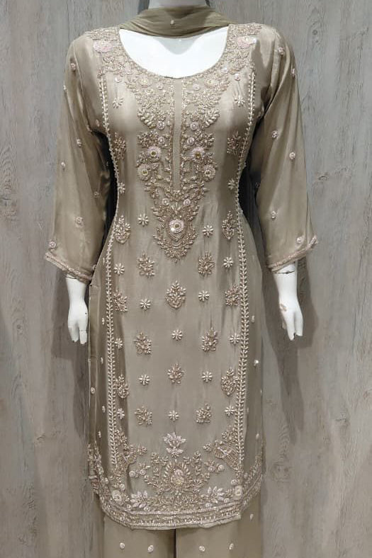 Prisha Golden Beige Silk Blend Hand embellished  Kurta Palazzo Set  mannequin 