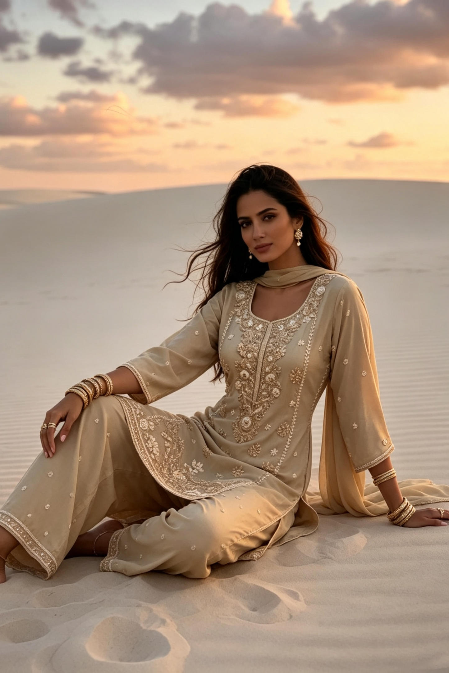 Prisha Golden Beige Silk Blend Hand embellished  Kurta Palazzo Set sit AI 