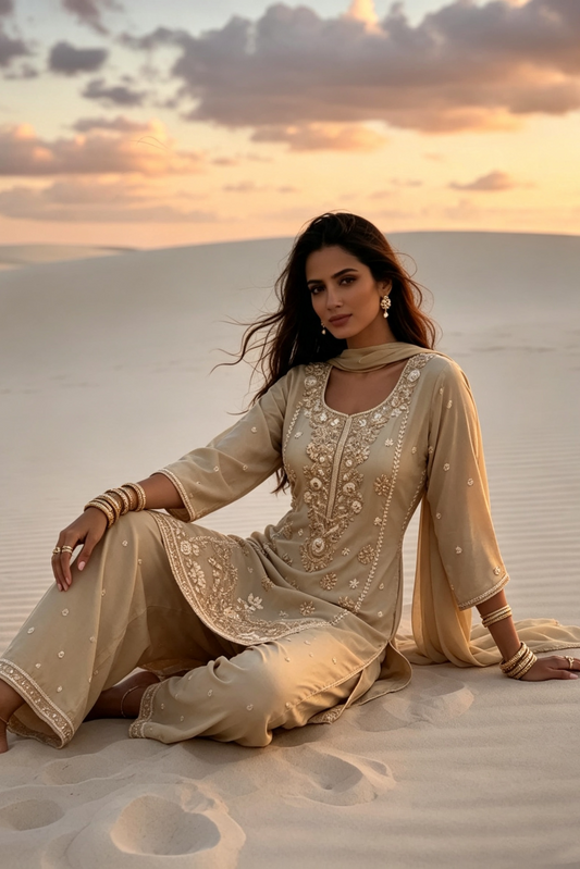Prisha Golden Beige Silk Blend Hand embellished  Kurta Palazzo Set sit AI 