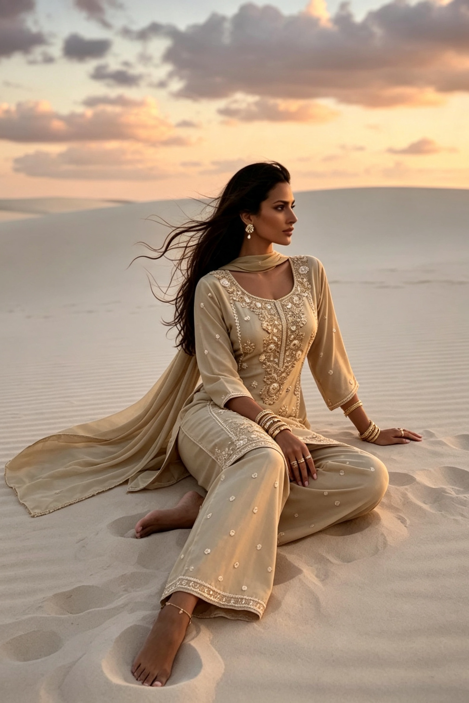 Prisha Golden Beige Silk Blend Hand embellished  Kurta Palazzo Set sitting 2 AI 