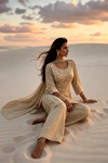 Prisha Golden Beige Silk Blend Hand embellished  Kurta Palazzo Set  sitting 4 AI 