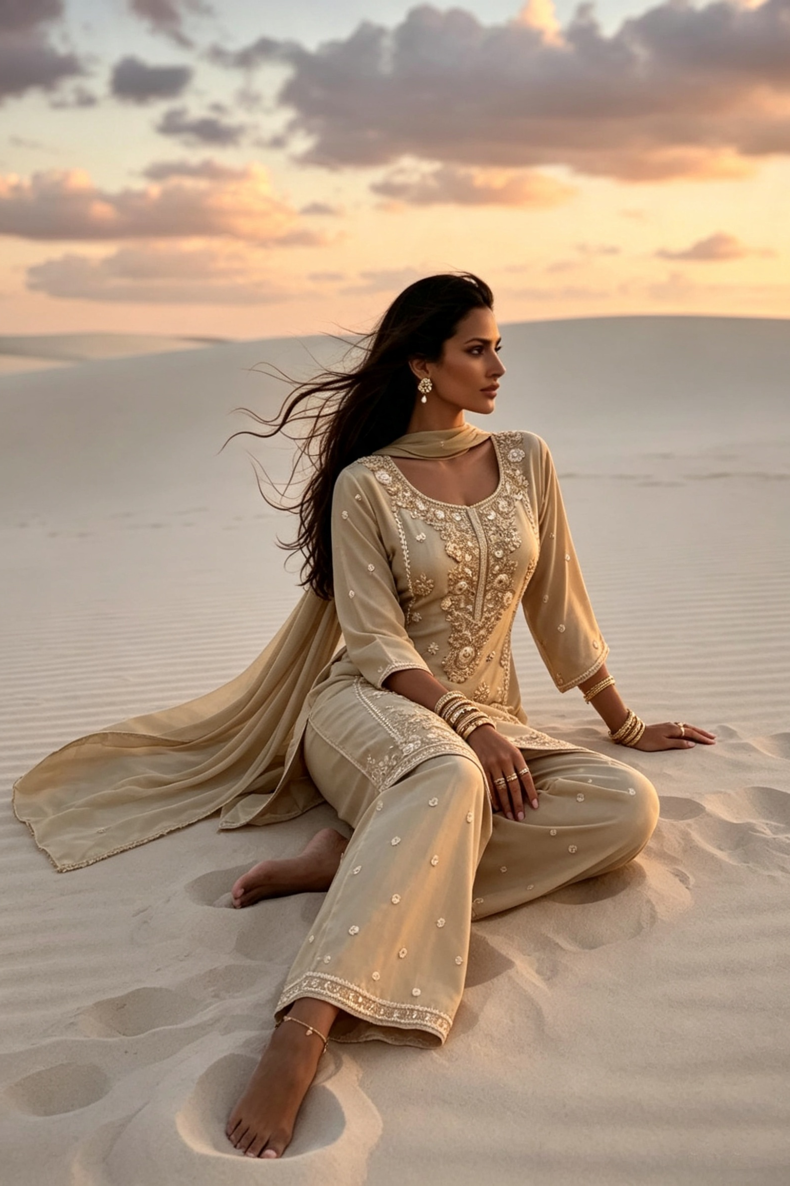 Prisha Golden Beige Silk Blend Hand embellished  Kurta Palazzo Set  sitting 4 AI 