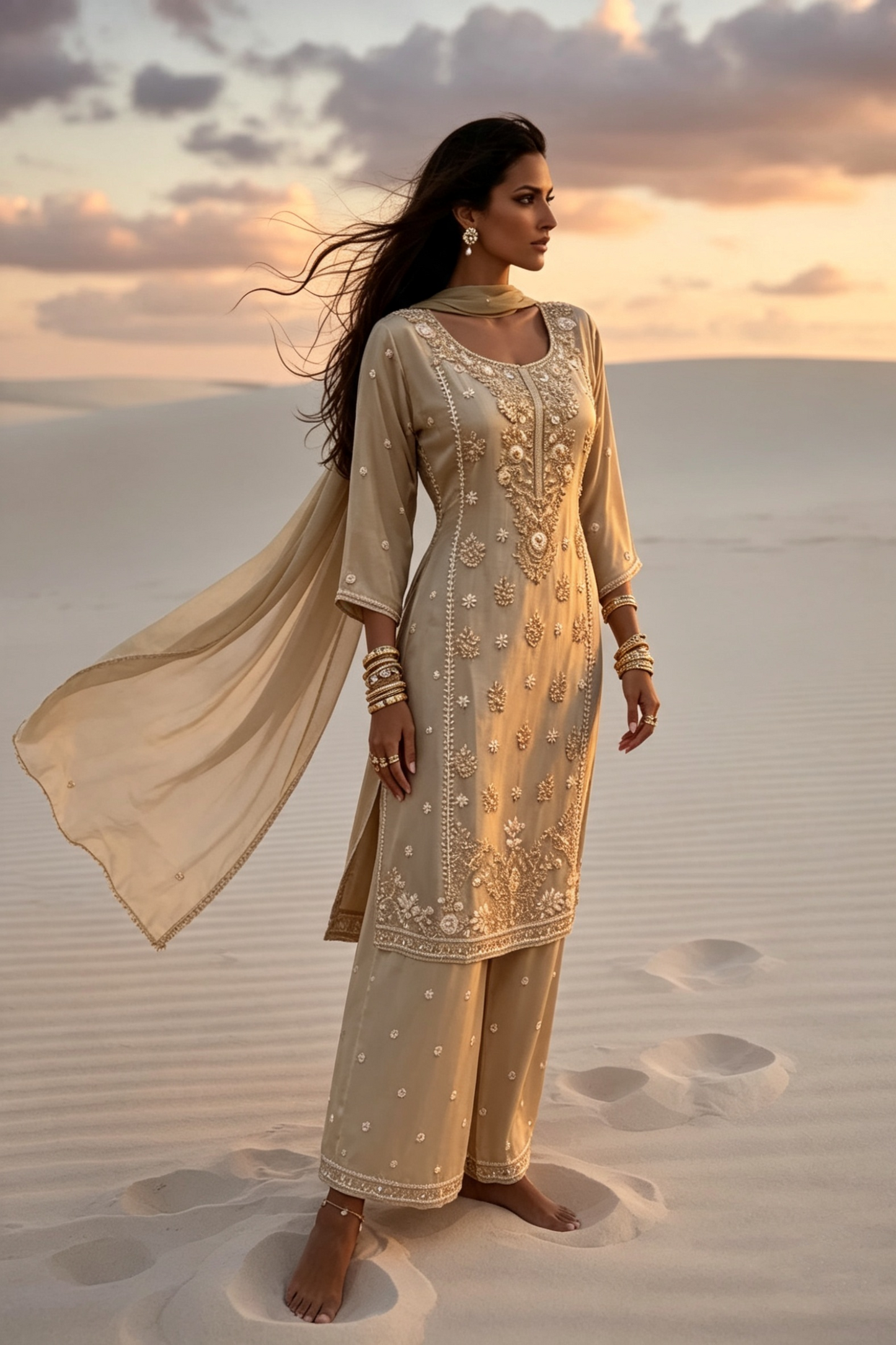 Prisha Golden Beige Silk Blend Hand embellished  Kurta Palazzo Set standing AI 