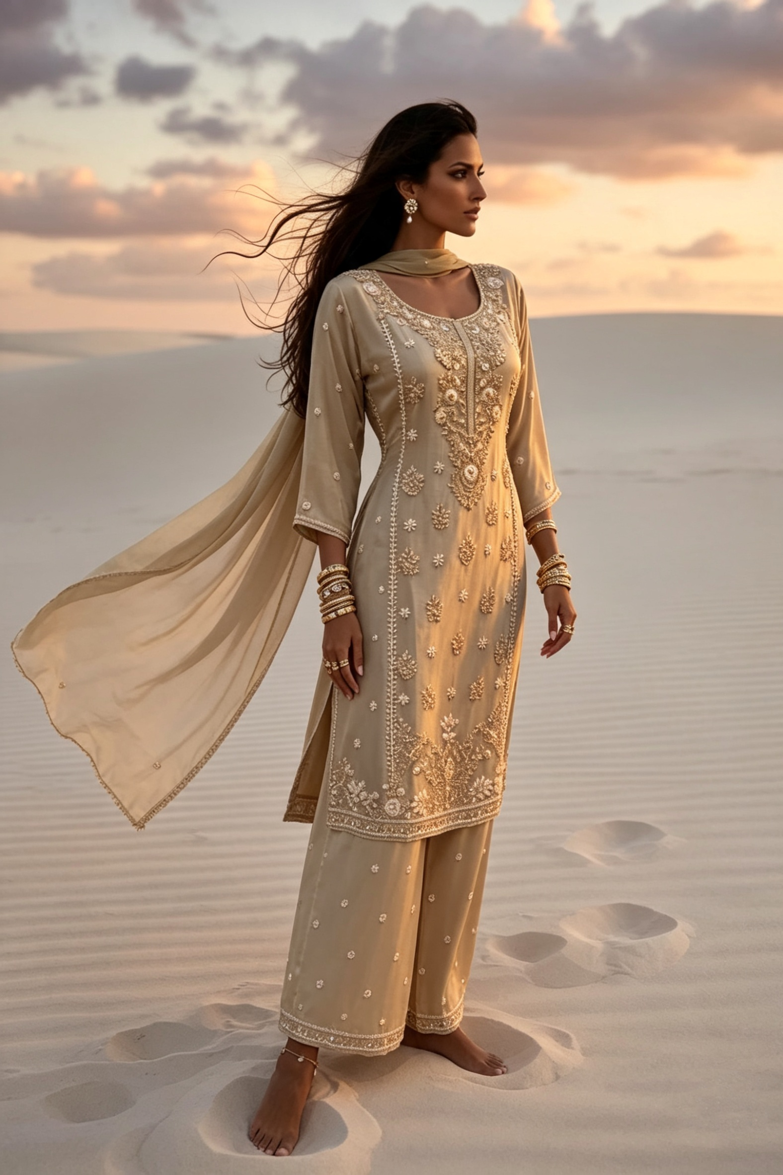Prisha Golden Beige Silk Blend Hand embellished  Kurta Palazzo Set standing AI 