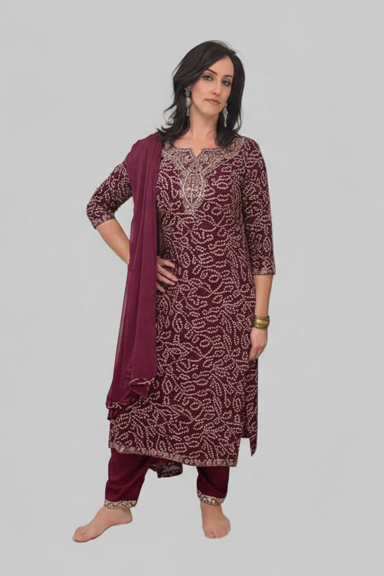 RAAYA  Purple Bandhani Print Embellished Kurta Set Front