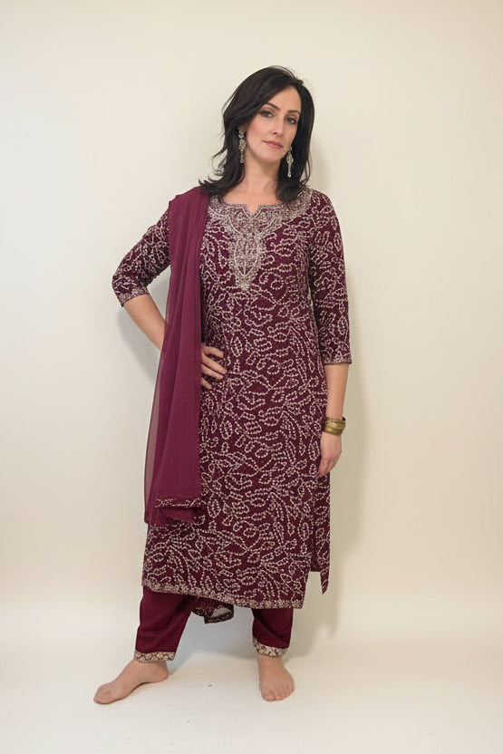 RAAYA  Purple Bandhani Print Embellished Kurta Set Front 1