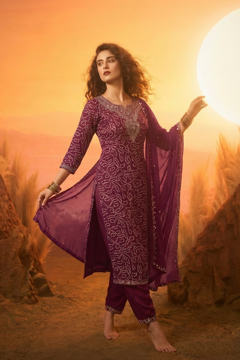 RAAYA  Purple Bandhani Print Embellished Kurta Set front AI