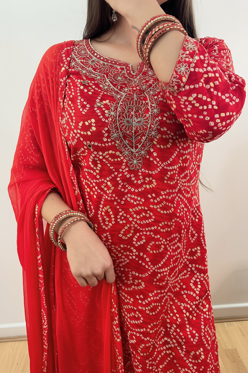 RAAYA  Red Bandhani Tie Dye Embellished Kurta Set Close Up