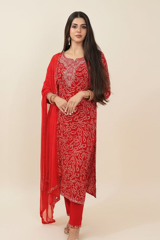 RAAYA  Red Bandhani Tie Dye Embellished Kurta Set Front