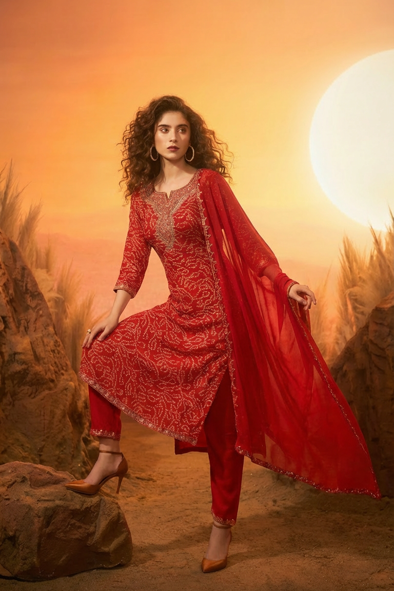 RAAYA  Red Bandhani Tie Dye Embellished Kurta Set SIDE AI 