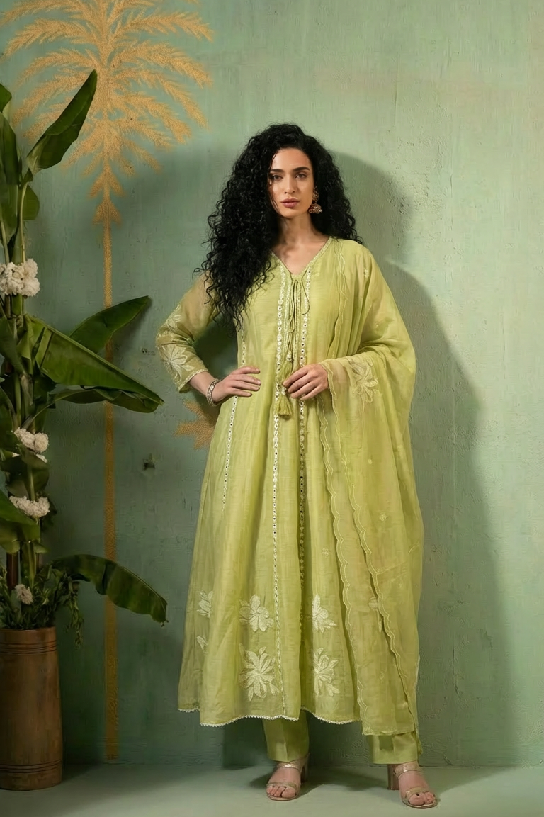 REEM  Elegant Green Embroidered Anarkali 3 Piece Set front 