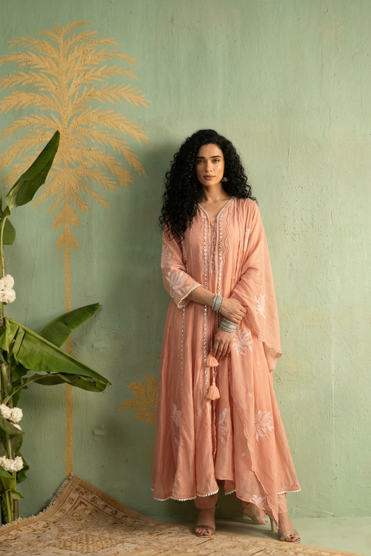 REEM Peach Mul Chanderi Embroidered Anarkali Suit