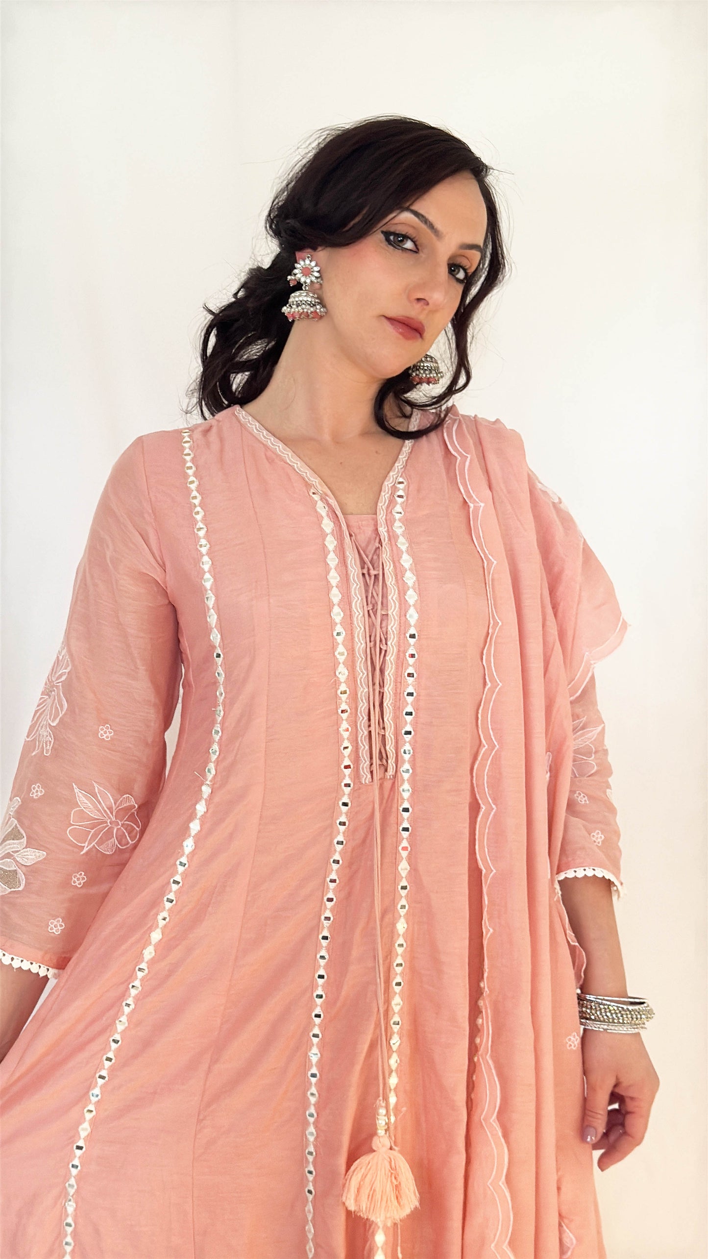 REEM Peach Mul Chanderi Embroidered Anarkali Suit  Closer Detail 