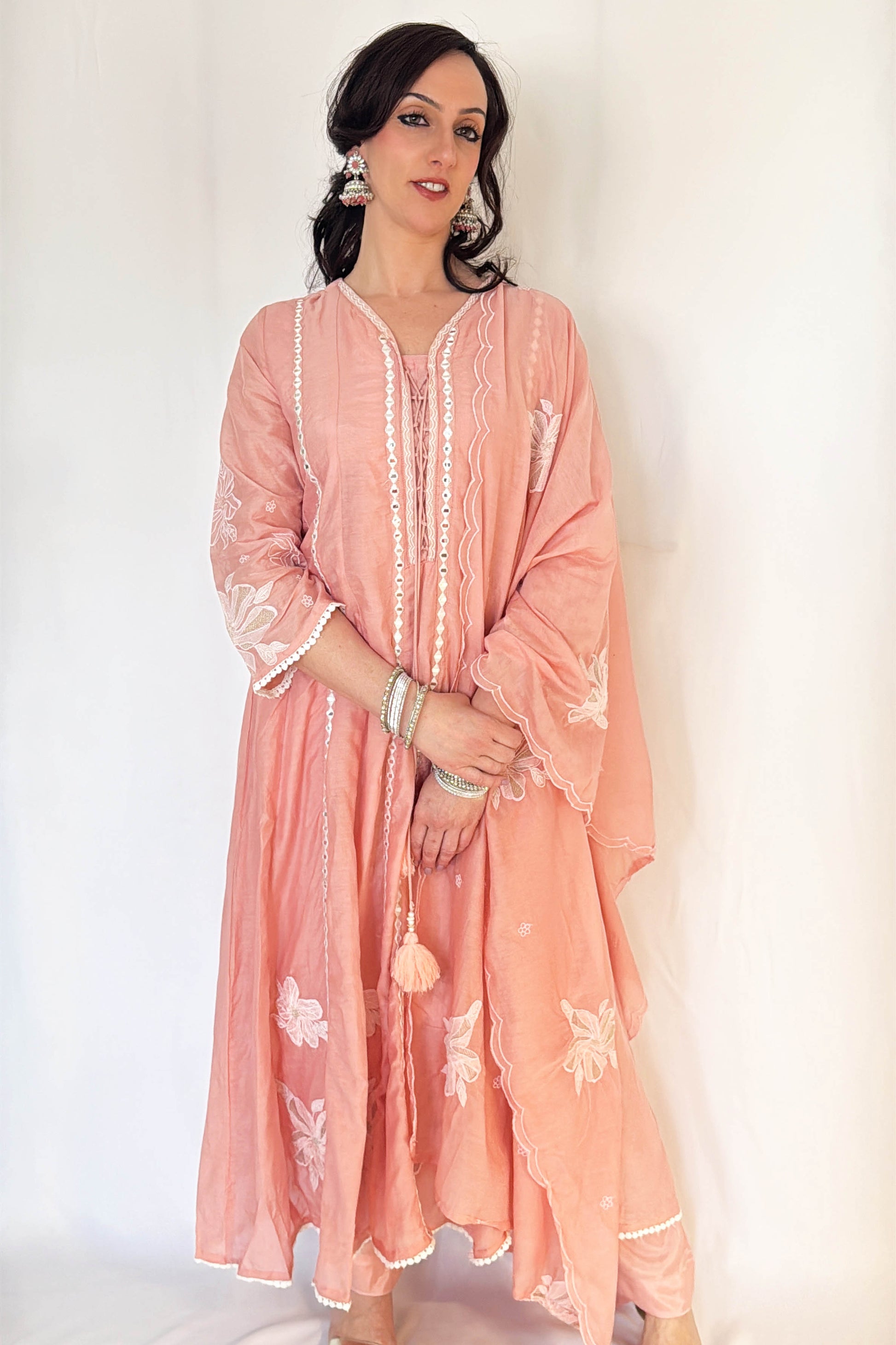 REEM Peach Mul Chanderi Embroidered Anarkali Suit  Closer Picture