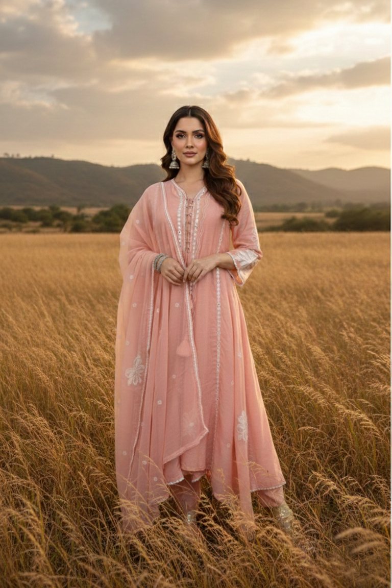 REEM Peach Mul Chanderi Embroidered Anarkali Suit  Front Picture