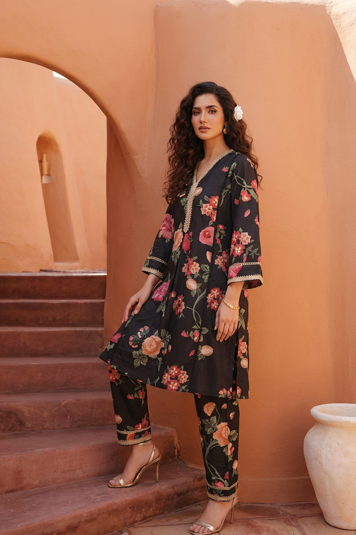 RENEERENEE Black Floral Printed Cotton Silk Kurta and Trouser Set side AI 