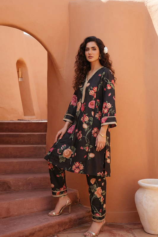 RENEERENEE Black Floral Printed Cotton Silk Kurta and Trouser Set side AI 