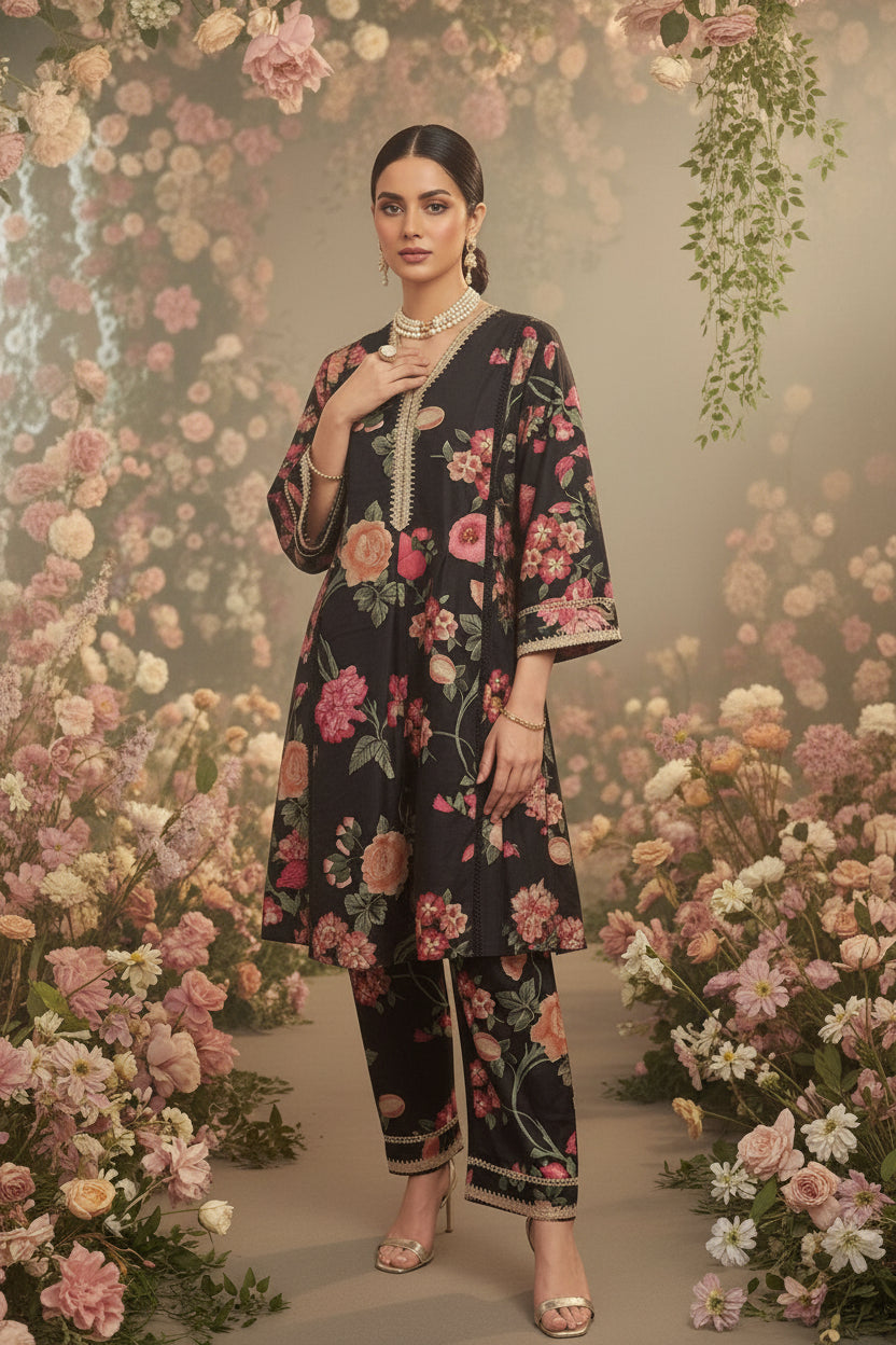 RENEE Black Floral Printed Cotton Silk Kurta and Trouser Set