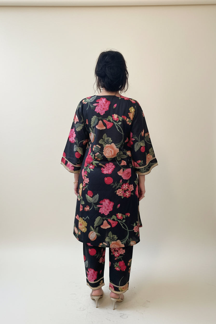RENEE Black Floral Printed Cotton Silk Kurta and Trouser Set Back