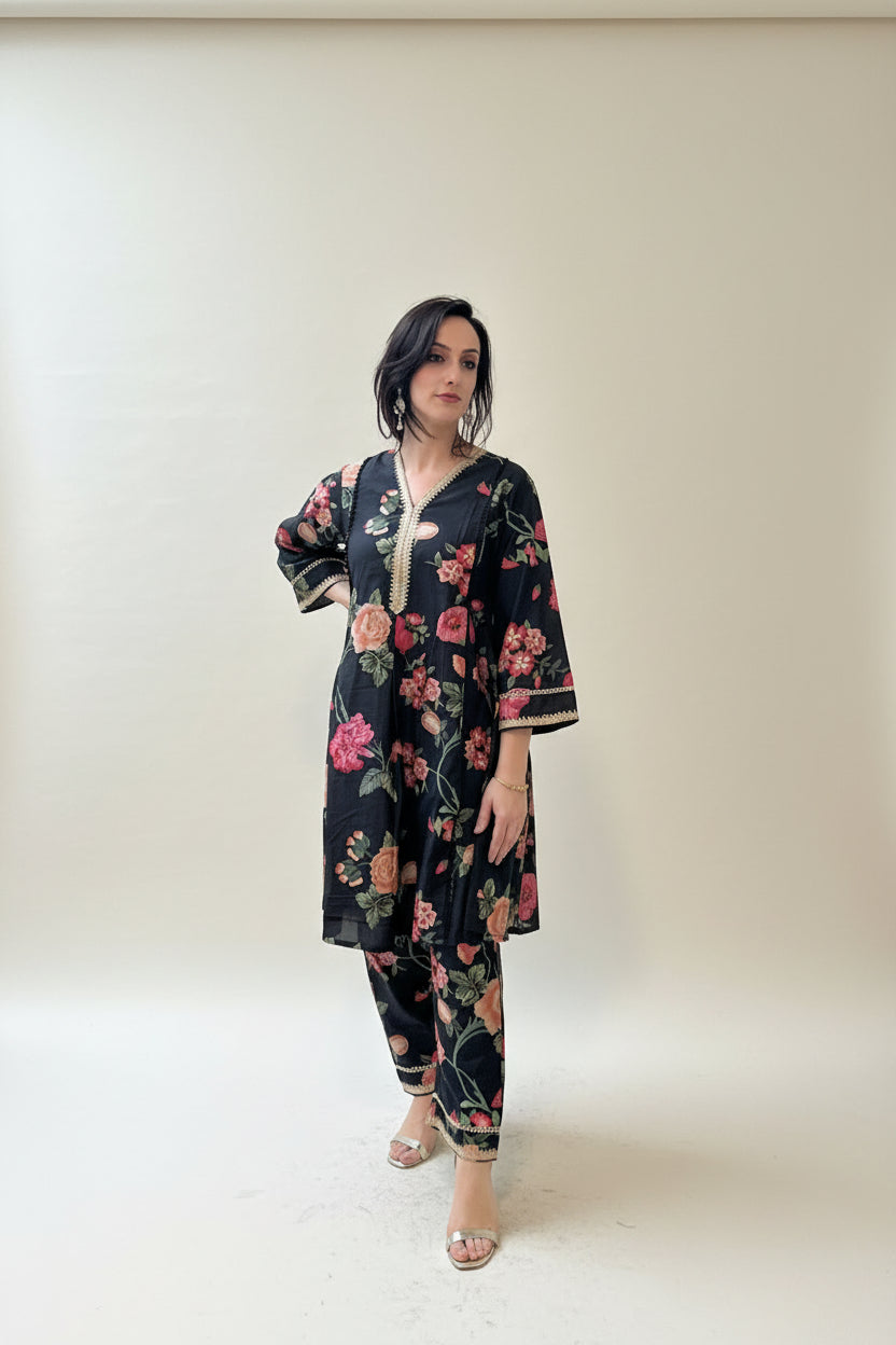 RENEE Black Floral Printed Cotton Silk Kurta and Trouser Set Front