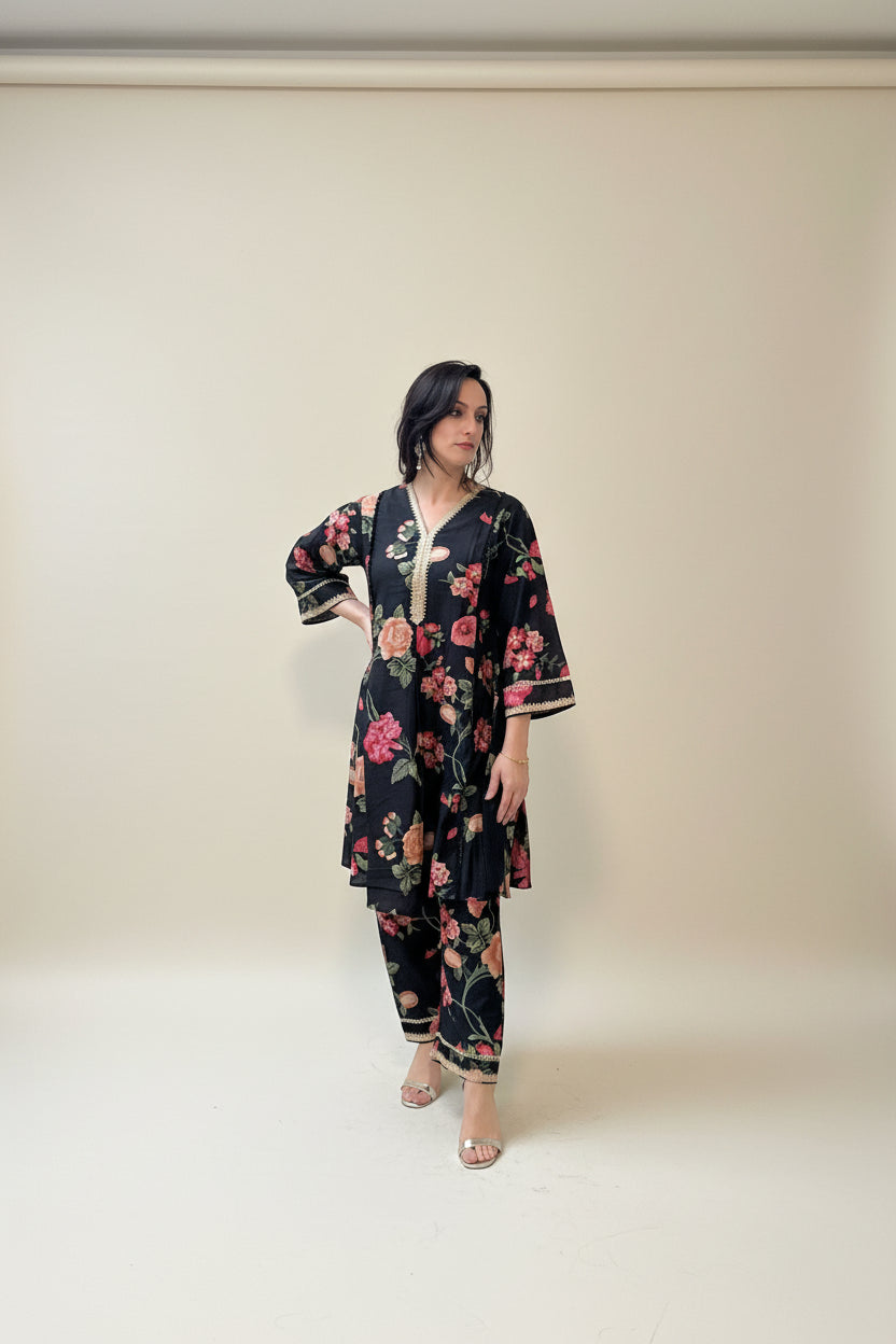 RENEE Black Floral Printed Cotton Silk Kurta and Trouser Set Front 1