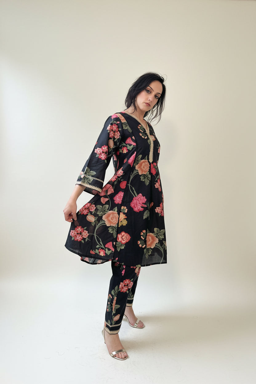 RENEE Black Floral Printed Cotton Silk Kurta and Trouser Set Side