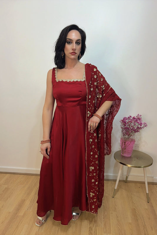 RESHMA Red Satin Sleeveless  Anarkali Suit Set