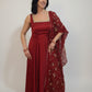 RESHMA Red Satin Sleeveless Anarkali Suit Set Front