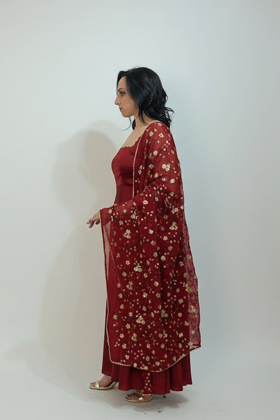 RESHMA Red Satin Sleeveless Anarkali Suit Set Side