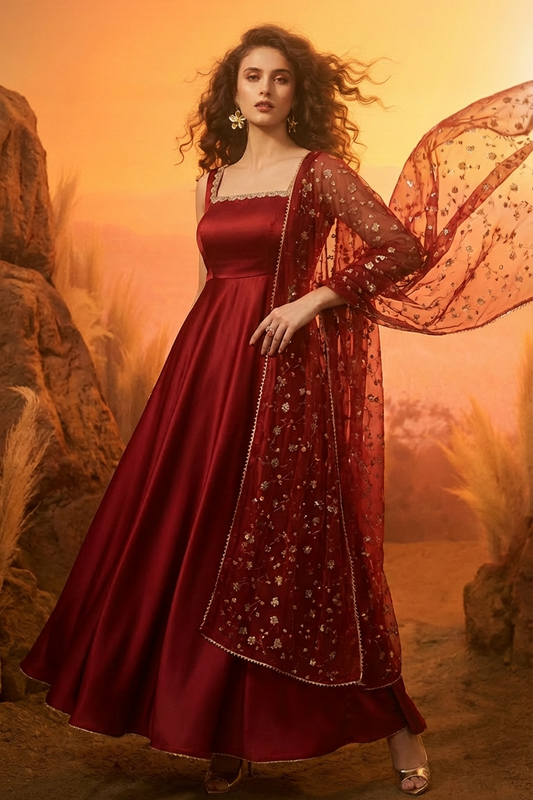 RESHMA Red Satin Sleeveless Anarkali Suit Set front ai 