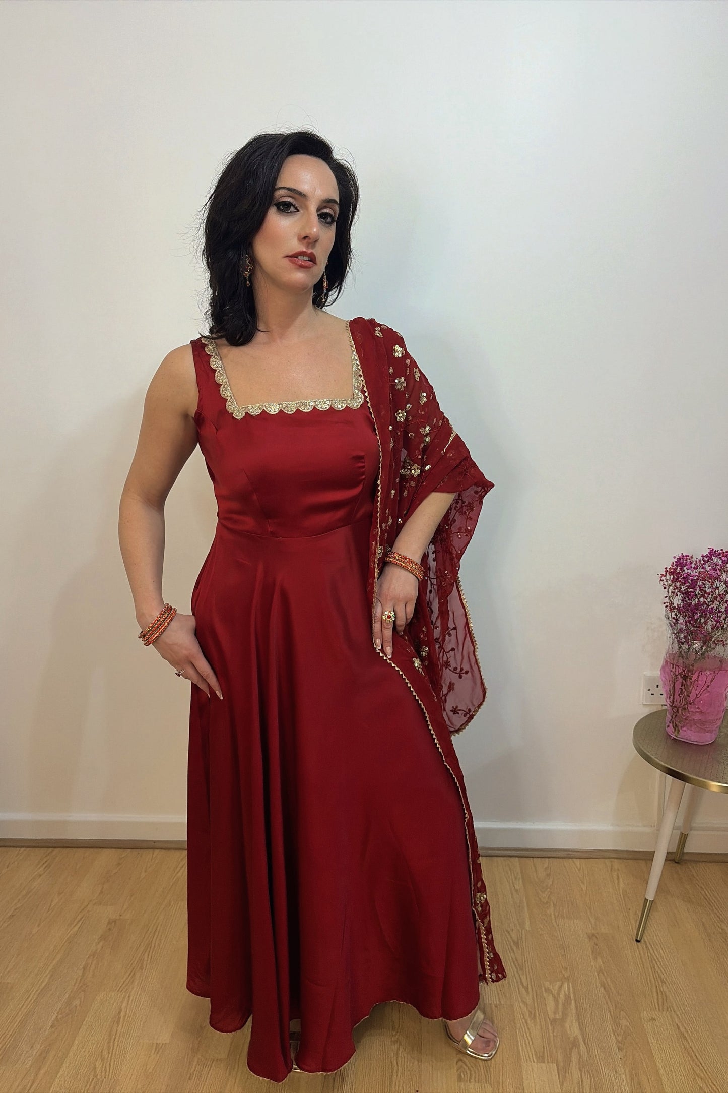 RESHMA Red Satin Sleeveless  Anarkali Suit Set side 