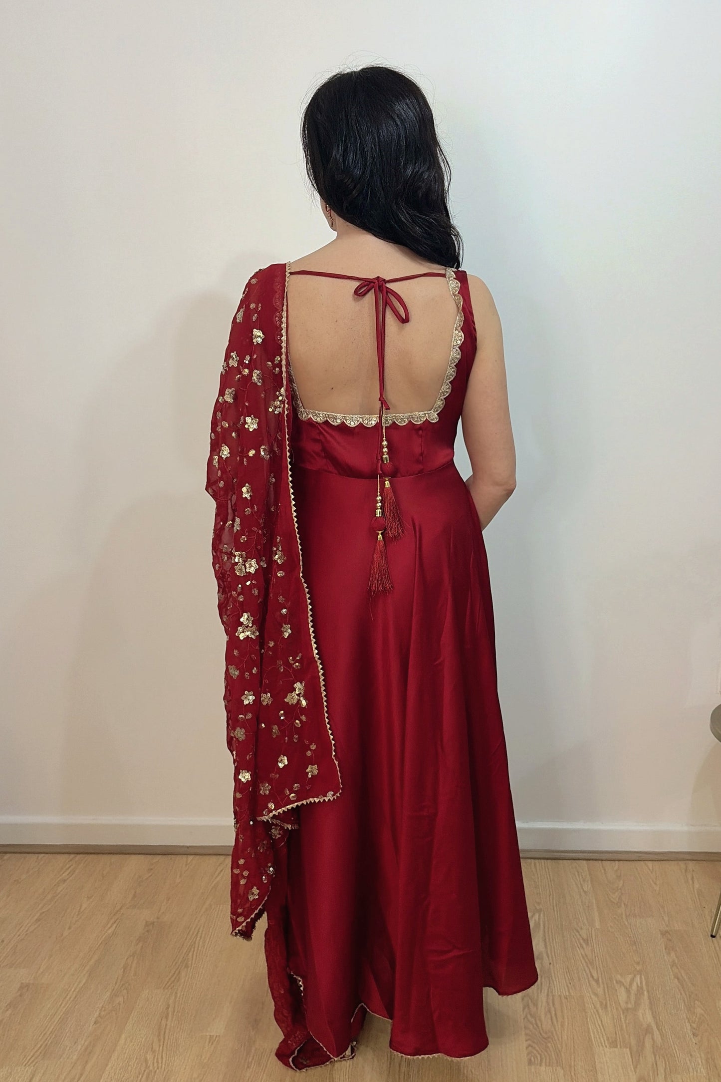 RESHMA Red Satin Sleeveless  Anarkali Suit back