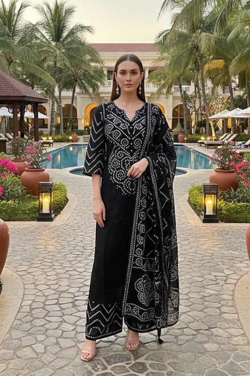 RIDHI Black Bandhani Tie Dye Kurta Trousers Suit Set
